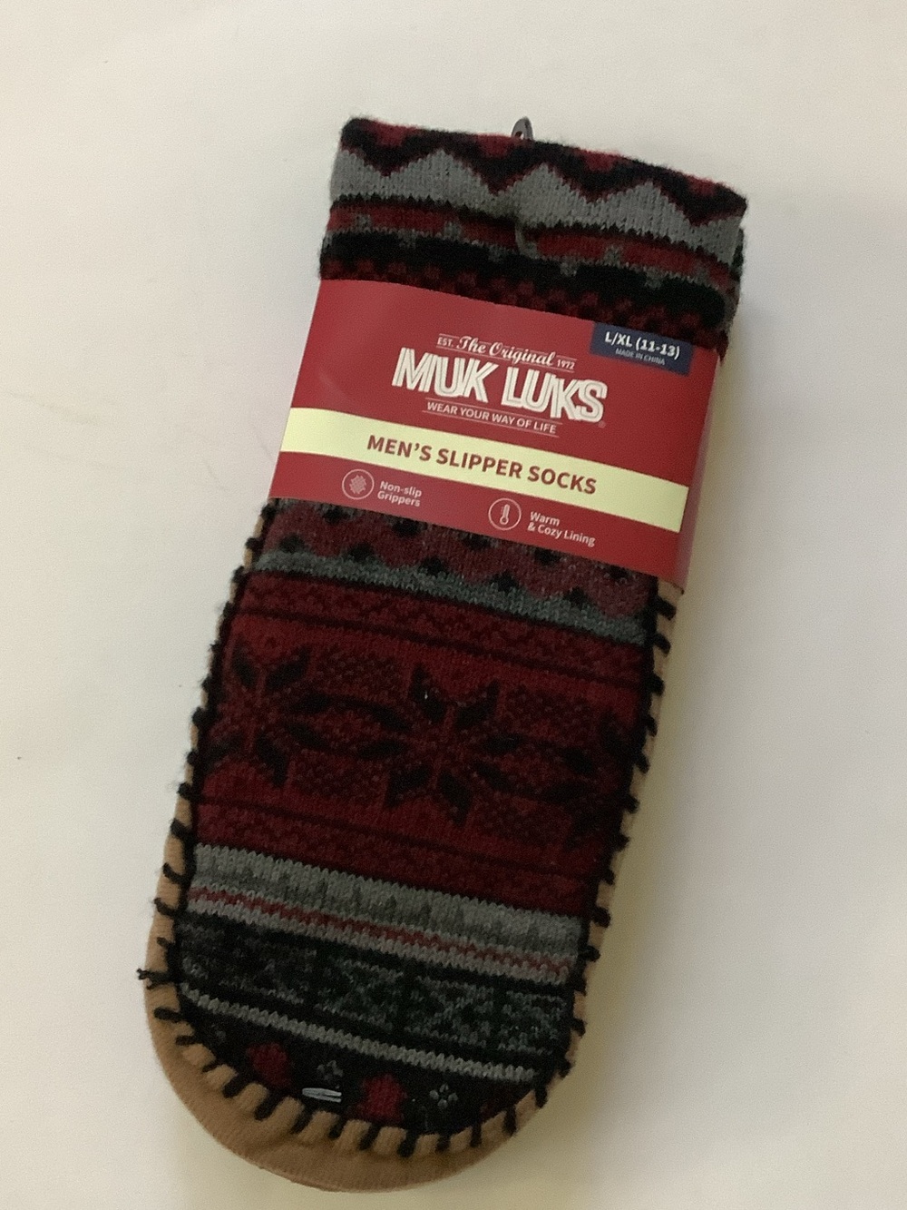 Muk Luks Men's Red and Gray Patterned Slipper Socks